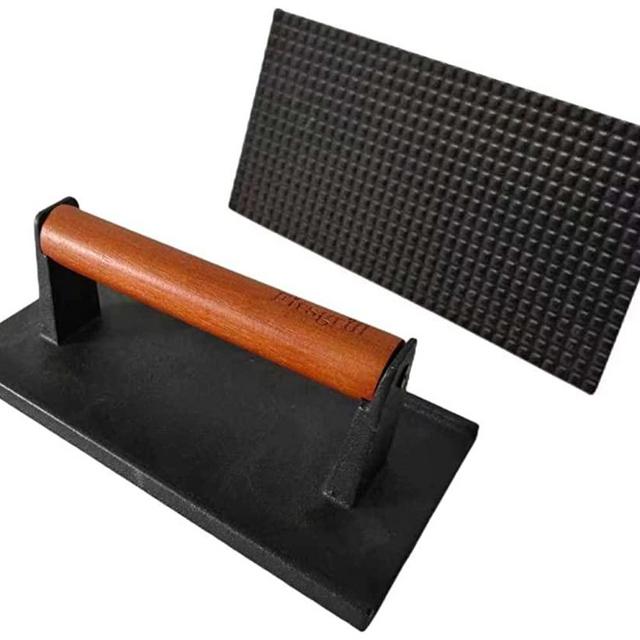 Firsgrill 8.3"×4.3" Heavy-Duty Cast Iron Grill Press and Steak Weight with Cool-Touch Comfort-Grip Wood Handle - BBQ Accessories for Griddle, Outdoor Grill, Panini, Tortilla (2 Rectangle)