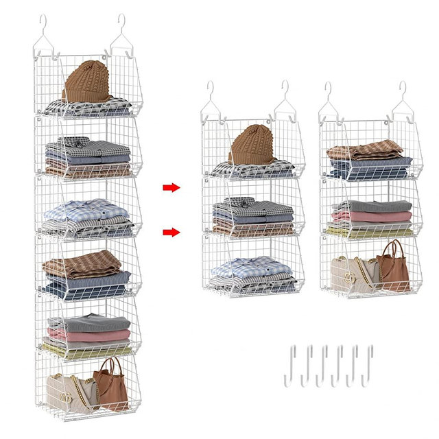 X-cosrack 6 Tier Closet Hanging Organizer, Clothes Hanging Shelves with 4 Hanging Hooks 5 S Hooks, Wire Storage Basket Bins, for Clothing Sweaters Shoes Handbags Clutches Accessories Patent Design