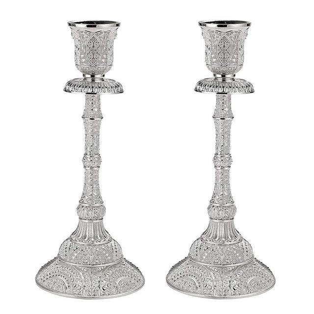 OwnMy Set of 2 Taper Candle Holders Vintage Metal Pillar Candlestick Holders 7.4”, Elegant Brass Candle Stick Holders Decor Candelabra Set for Dining Table Centerpieces Wedding Home Decoration, Silver