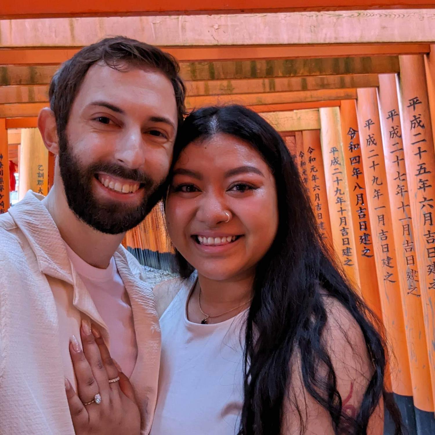 Celebrating 5 years together in Japan by getting engaged at the Fushimi Inari Shrine and crossing it off our “must visit” bucket list