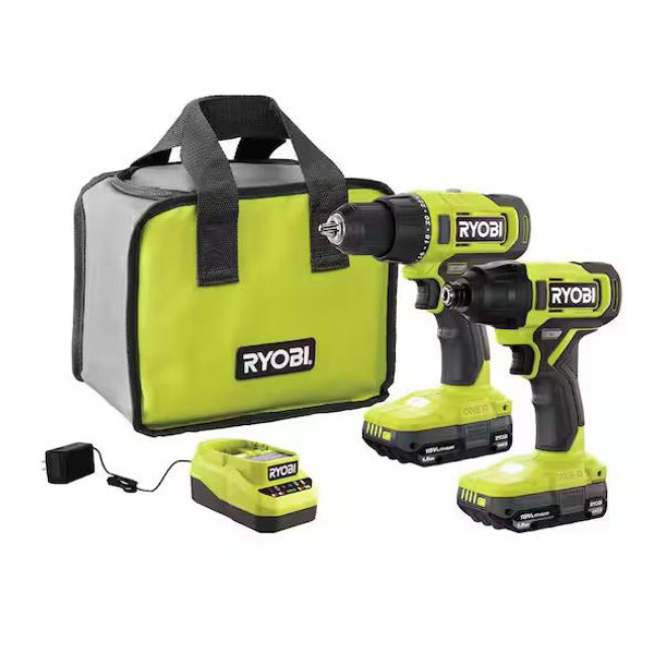 RYOBI ONE+ 18V Cordless 2-Tool Combo Kit with Drill/Driver, Impact Driver, (2) Compact Batteries, and Charger PCL1200K2