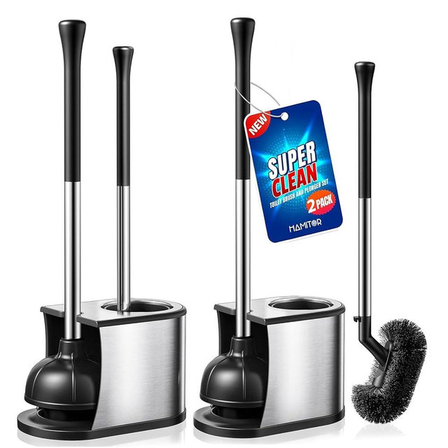 HAMITOR Toilet Plunger and Brush Set: 2 in 1 Stainless Steel Bowl Brush with Holder, Deep-Cleaning Curved Bristles and Heavy Duty Unclogger, Compact Design for Household & Hotel, Silver, 2-Pack