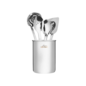 All-Clad 5-Piece Stainless Steel Kitchen Utensil Set – Includes Ladle, Solid Spoon, Slotted Spoon, Turner & Storage Caddy – Heavy-Gauge, Ergonomic, Dishwasher Safe, Silver