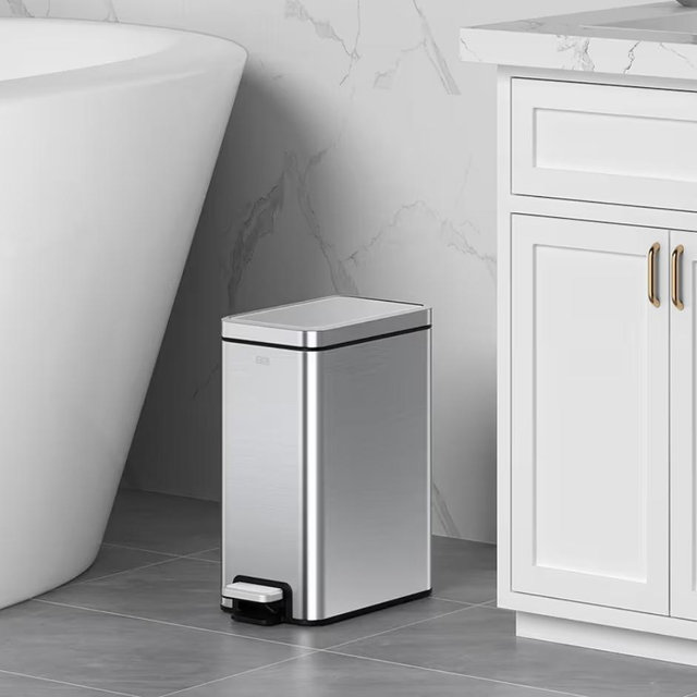 EKO Small Bathroom Trash Can with Lid Soft Close, Step Pedal, 10 Liter / 2.6 Gallon Stainless Steel Garbage Can with Removable Inner Bucket, Anti-Fingerprint Finish (Silver)