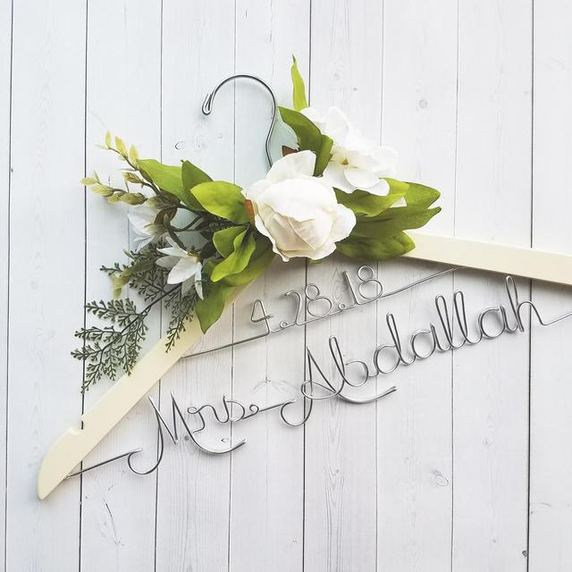 Wedding Hanger With Date and White Flowers Last Name Personalized Hanger Custom Hanger Bridal Hanger Bride Bridal Shower Gift Bridesmaid