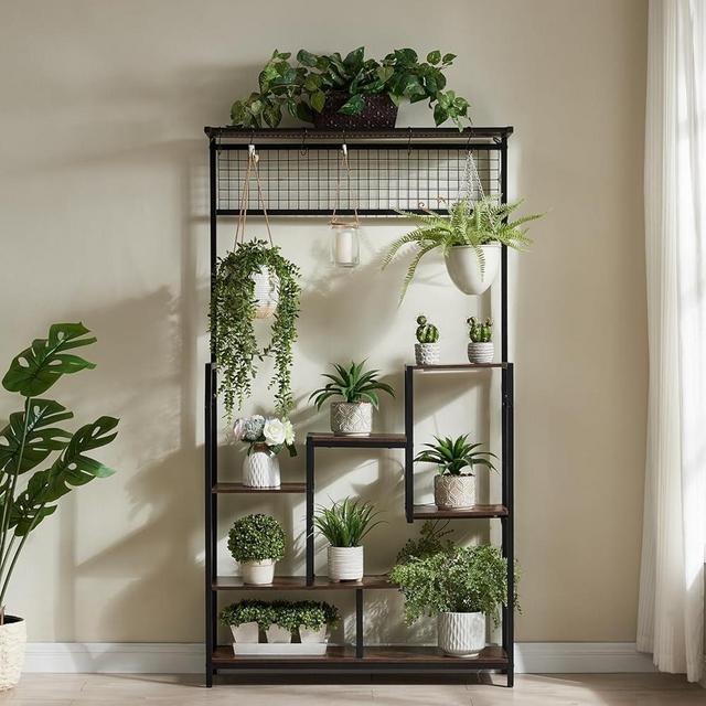 GAMTUE Plant Stand with Grow Lights, Tall Plant Stands Indoor 7 Tiered Metal Ladder Flower Plant Shelf, Large Plant Rack Indoor with Hooks for Living Room, Garden, Balcony