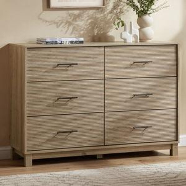 CHITOOMA 6 Drawer Fluted Dresser for Bedroom, Modern Wooden Long Dresser, Storage Cabine Chest of Drawers for Living Room Hallway, Natural