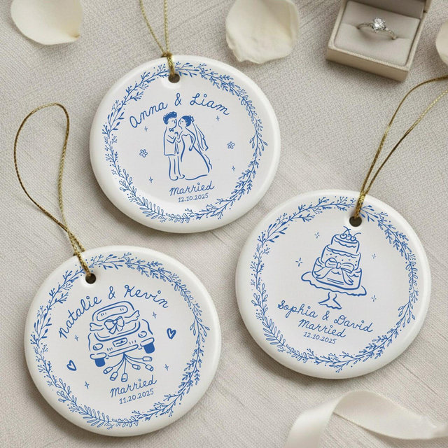 Personalized Just Married Whimsical Ceramic Ornament: Wedding 2025 Gift