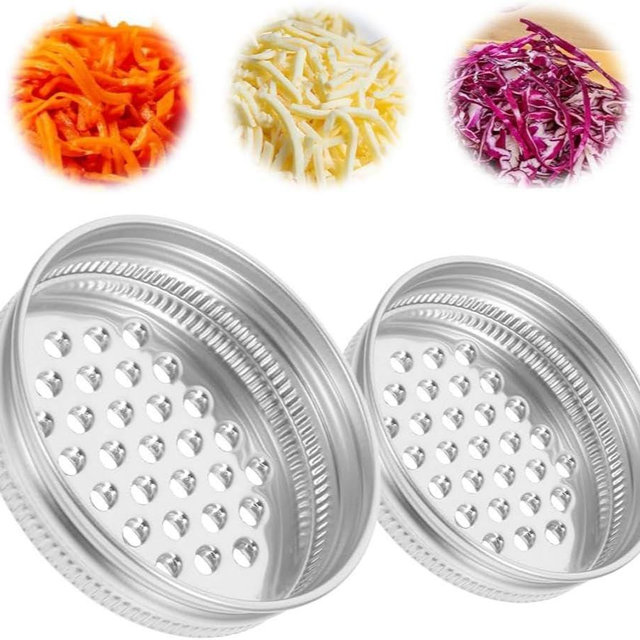 Vakerga 2 Pcs Mason Jar Grater Lid - Multipurpose Cheese Grater for Wide and Narrow Mouth Jars, Reusable Shaker Lid, Practical Stainless Steel, Silver