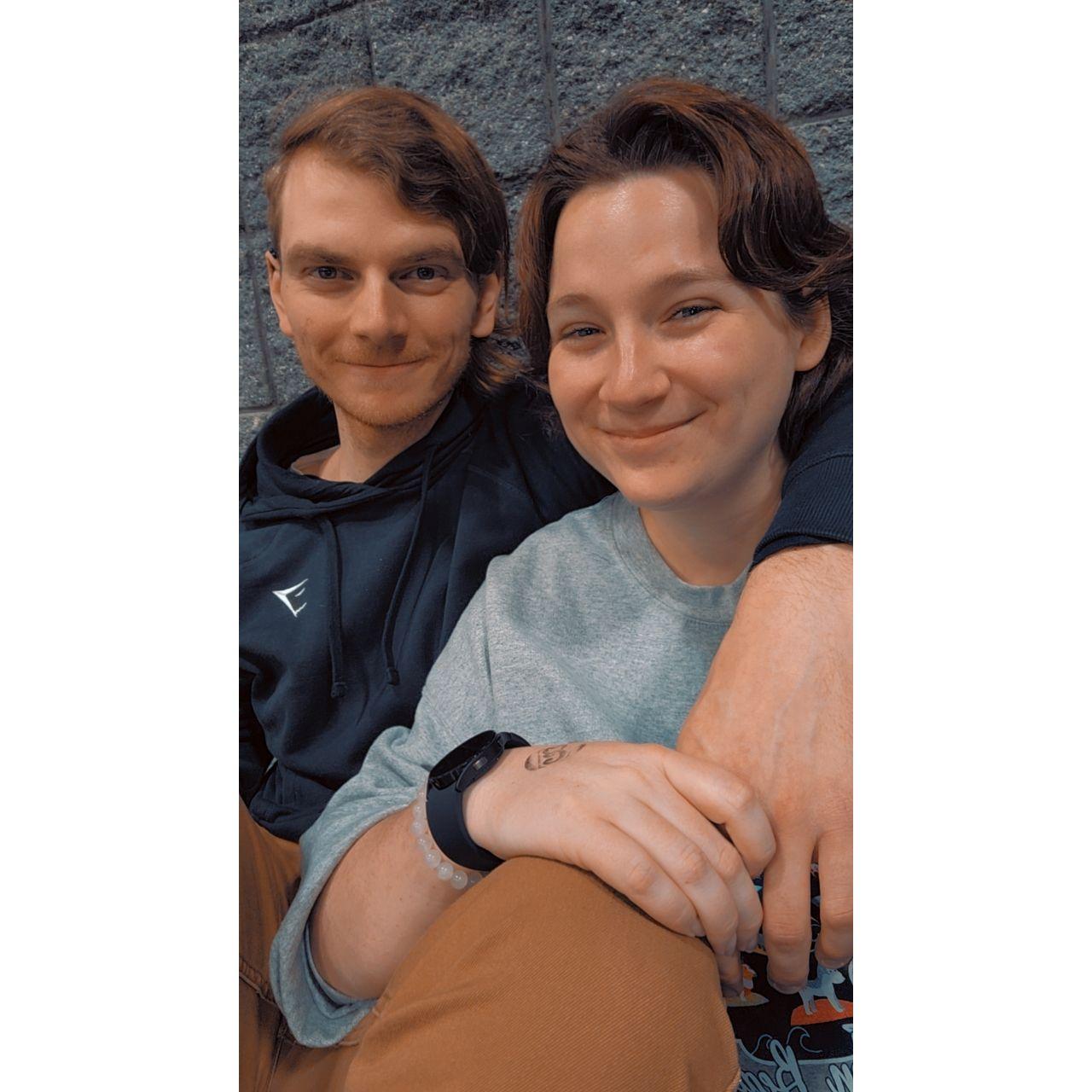 The first picture of us that Jared sent to his family in 2023 <3 We have continued the tradition of taking a recreation of this picture every year since!