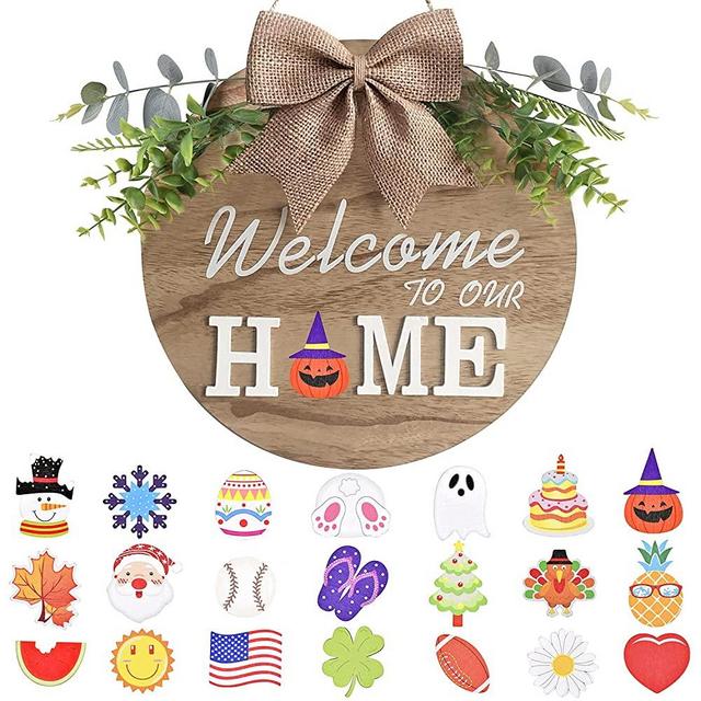 Interchangeable Welcome Home Sign, Seasonal Front Porch Door Decor With 21 Changeable Seasonal Icons for Halloween /Christmas/Independence Day, Rustic Wood Wall Hanger for Housewarming Gift (12")