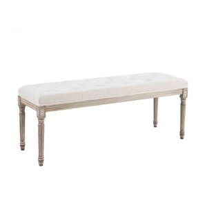 Beige French Vintage Upholstered Bench with Carved Solid Wood Frame
