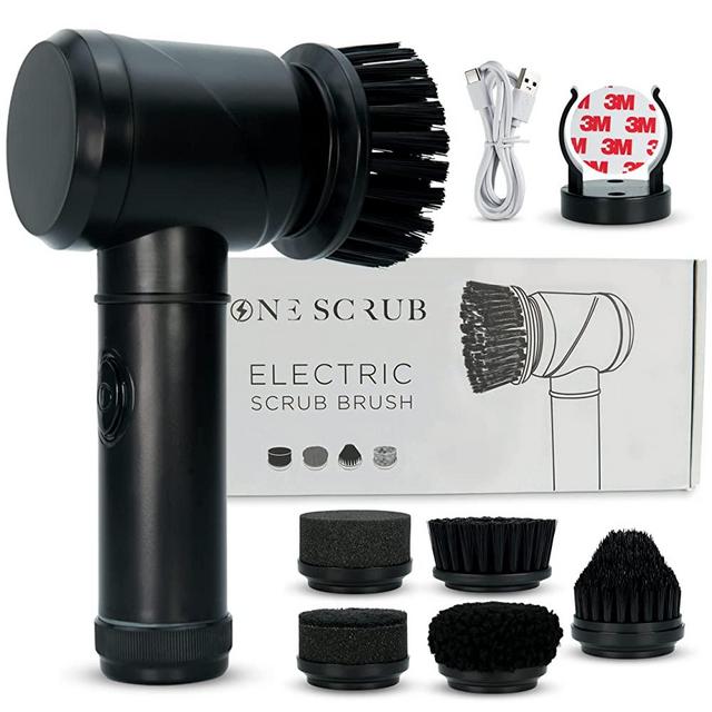 Electric Spin Scrubber – Kitchen & Bathroom Cleaner – Electric Cleaning Brush – 5 in 1 Brush Heads –– Dishes, Shower, Tile, Leather, Stove, Grout Cleaner – Rechargeable Kitchen Gadget – Black