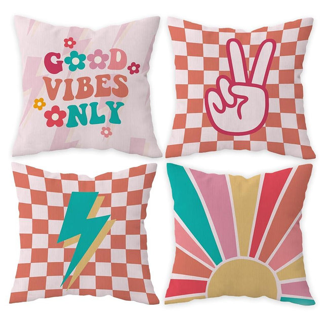 FLDAS Vibes Only Groovy Daisy Flower Preppy Decorative Throw Pillow Covers,Boho Sun Sunshine Lightning Checkered Pillow Case Covers for Boho Home Decor,Teen Girls Gifts,18×18 Inch Set of 4