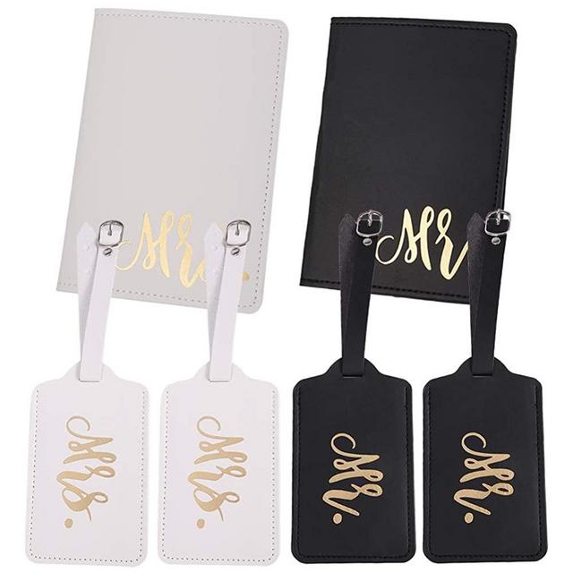 DaveandAthena 4 Pieces Mr and Mrs Bridal Luggage Tags and 2 Pieces Passport Covers, Mr Mrs Honeymoon Leather Travel Luggage Tags Passport Cover for Couples Wedding Bridal Shower Gift