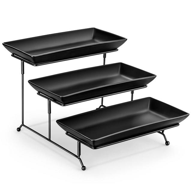 MALACASA 3 Tier Serving Trays for Party, Stoneware Serving Platters and Trays, 12 Inch Tiered Tray Stand, Fruit Tray, Trays for Serving Food, Black Dessert Stand with Collapsible Sturdier Metal Rack