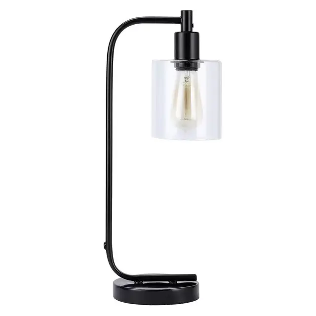 19 in. Black Industrial Desk Lamp with Clear Glass Shade