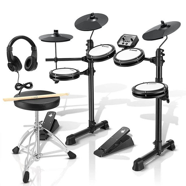Donner Electric Drum Set, Electronic Drum Kit for Beginner with 180 Sounds, Quiet Mesh Drum Set with Heavy Duty Pedals, Drum Throne, Sticks Headphone Included, Light & Portable(DED-80, New Upgraded)