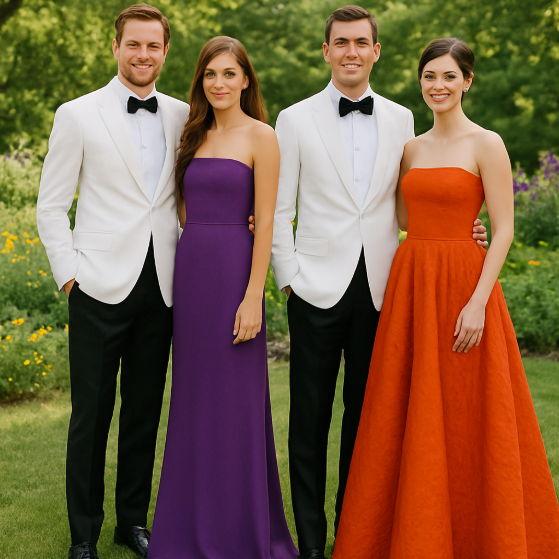 Attire dia de la boda: 
Hombres: Smoking Tropical
Mujeres, Vestido largo