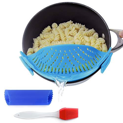 Clip-On Kitchen Food Strainer for Spaghetti, Pasta, Ground Beef Grease, Colander & Sieve Snaps on Bowls, Pots and Pans, Set includes Silicone Strainer, Brush & Garlic Peeler by Salbree (Light Blue)