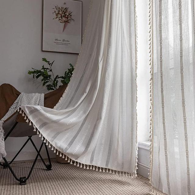 Boho Curtains for Bedroom Embroidery Striped Farmhouse Curtains 84 Inches Long 2 Pannels Set White Linen Curtains Light Filtering Curtains for Living Room Rod Pocket Drapes(52" W x 84" L,White)