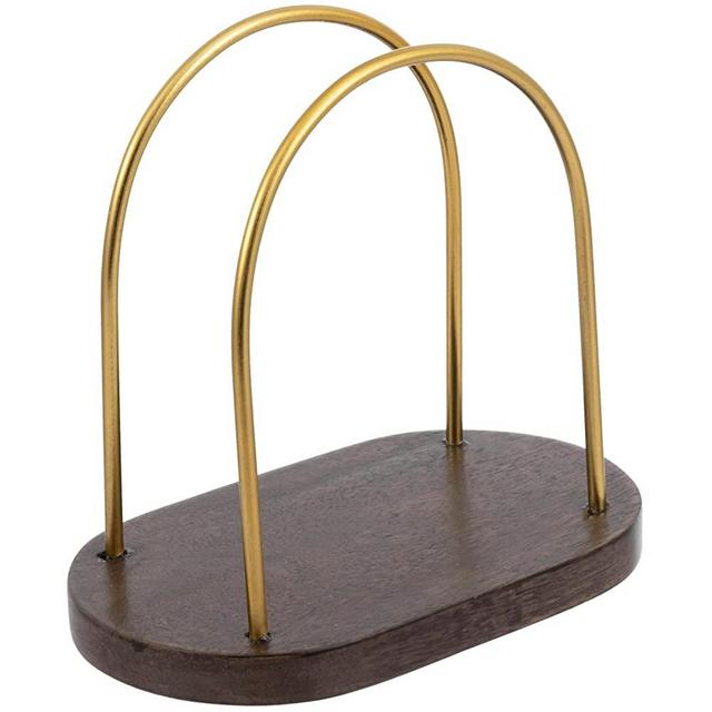 MyGift Deluxe Solid Mango Wood and Modern Brass Tone Curved Metal Wire Paper Napkin Holder, Dining Table Upright Serviette Dispenser Rack - Handcrafted in India