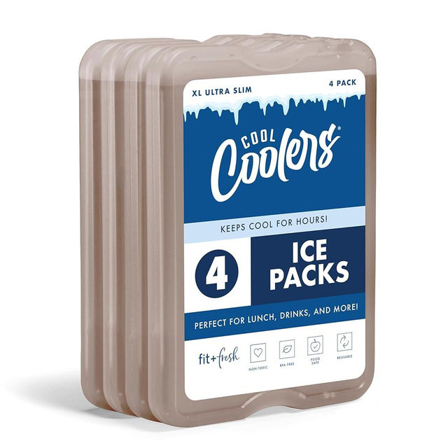 Cool Coolers by Fit & Fresh XL Slim Ice Packs, Quick Freeze Reusable Ice Packs for Lunch Boxes & Coolers, Long-Lasting, Space Saving Cooler Ice Packs, Taupe, 4Pk