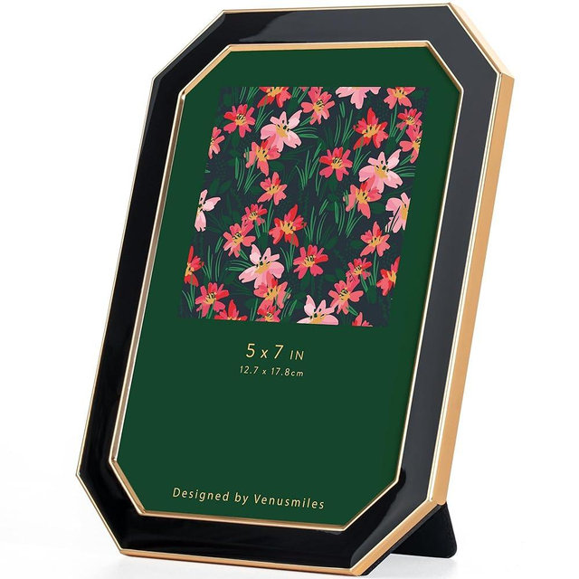Venusmiles 5x7 Enamel Picture Frame, Octagonal Gold Metal Edge with Easel, High Definition Tempered Glass Photo Frame for Wall and Tabletop Display Family Office Photo Gallery, Black Enamel/1pc