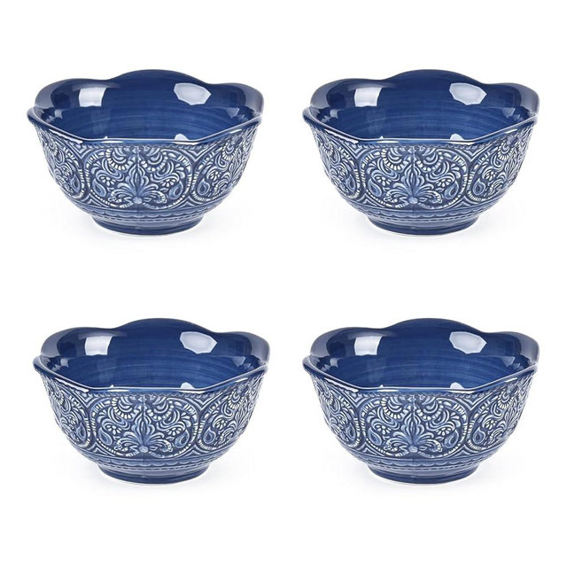 Sungmor Embossed Stoneware Fine Dining Dinnerware, Antique Baroque Style Porcelain 6 Inch (20 oz) Flower Shape Bowls Set of 4, Sophisticated Ceramic Bowls for Soup, Cereal, Oatmeal, Rice, Pasta, Salad