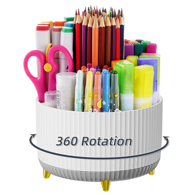 Marbrasse Desk Organizer, 360-Degree Rotating Pen Holder for Desk, Desk Organizers and Accessories with 5 Compartments Pencil Organizer, Art Supply Storage Box Caddy for Office, Home (White+Grey)