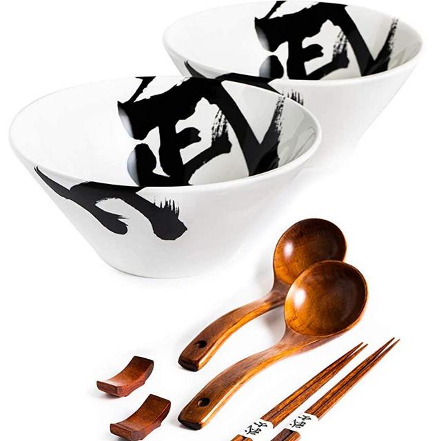 BICETTO Japanese Ramen Bowl Set, 60 oz, Large Ceramic Ramen Bowls with Chopsticks, Spoons and Chopstick Rests – Bowl for Ramen, Pho, Salad, Poke, Soup – Minimalist Design, Premium Quality