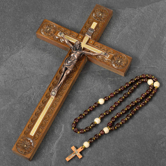 Hand Carved Wooden Crucifix Wall Cross - 12" Catholic Cross with Rosary - Christian Wall Decor - Catholic Crucifix - Handmade Religious Gift