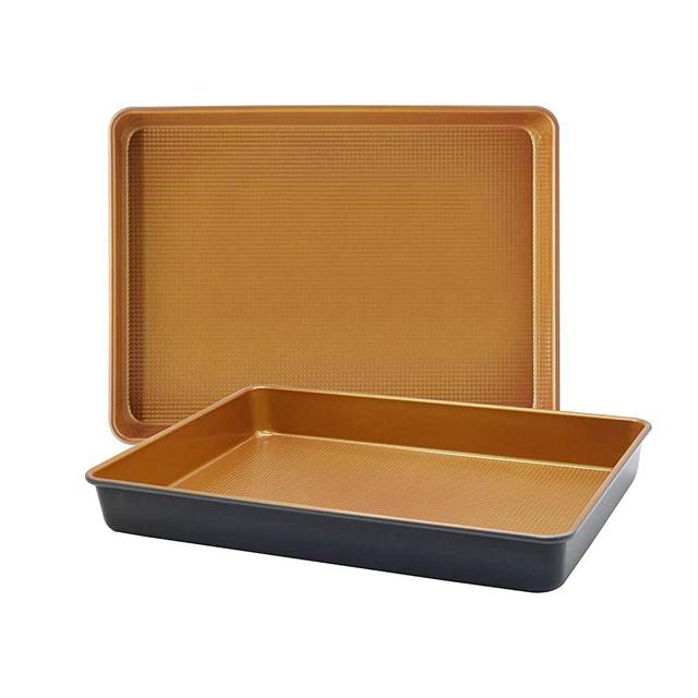 LUCYCAZ 15''x11''x2'' Deep Large Half Sheet Cake Pan Copper Baking Cookie Sheets, Tray Bakeware Toaster Oven Nonstick Set for Commercial or Home Kitchen Use Muffin Bread Pan Heavy Duty, 2-Piece