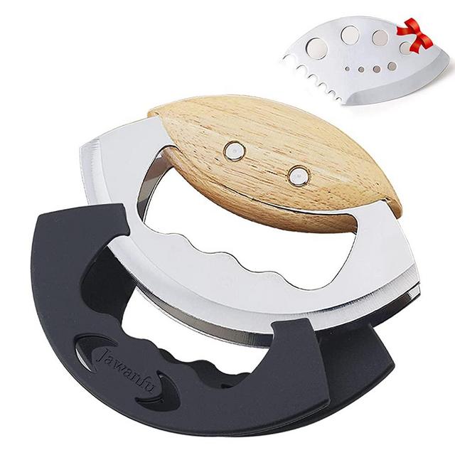 Jawanfu Handheld Salad Chopper, Double Blade Mezzaluna Chopper with Protective Covers, Wooden Handle Mincer Knife, Vegetable Chopper for Chopped Salad (Black)