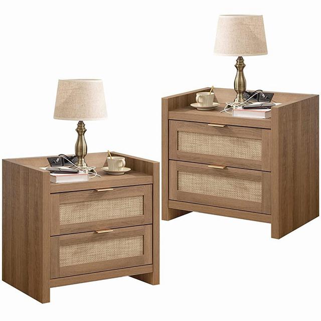 SICOTAS Rattan Nightstands Set of 2 End Table with Type-C Charging Station & 2 Rattan-Like Decor Drawer - Boho Night Stand Set of 2 Bedside Table for Bedroom - Natural