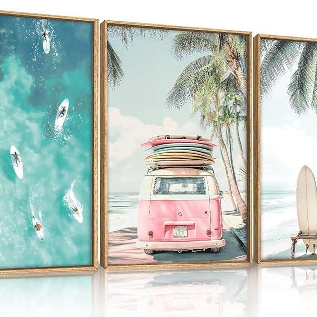 HOURIA Summer Surfboard Beach Framed Canvas Wall Art Set,Modern Ocean Surfing Seascape Wall Decor,Coastal Bus Coconut Tree Wall Painting,Nature Botanical Art Prints for Living Room, Bedroom-16 x24 x3