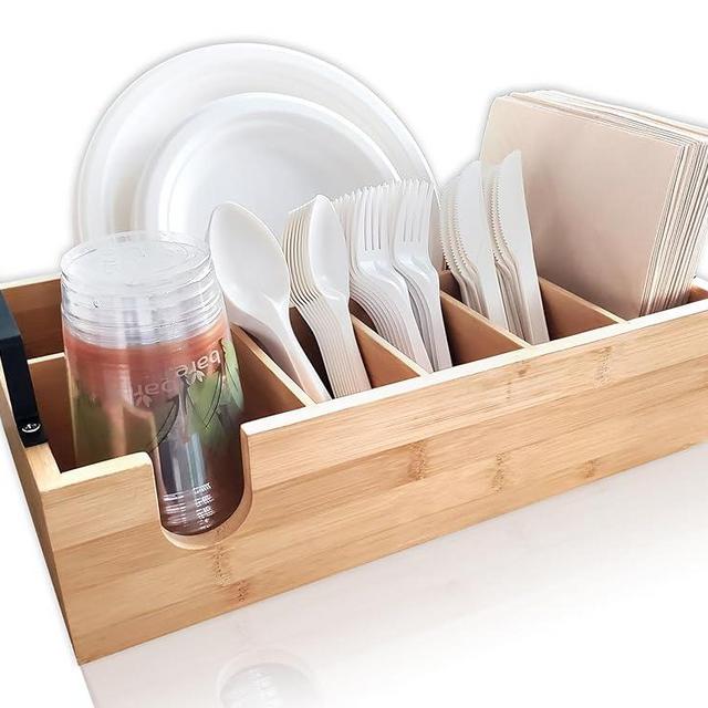 Bamboo Paper Plate Caddy, Utensils Holder, Paper Plate Dispenser, Home and Kitchen Organizer, RVs, Camping, Party Essentials, Picnic Caddy, BBQ, Gift Idea, Housewarming, Cosmetics