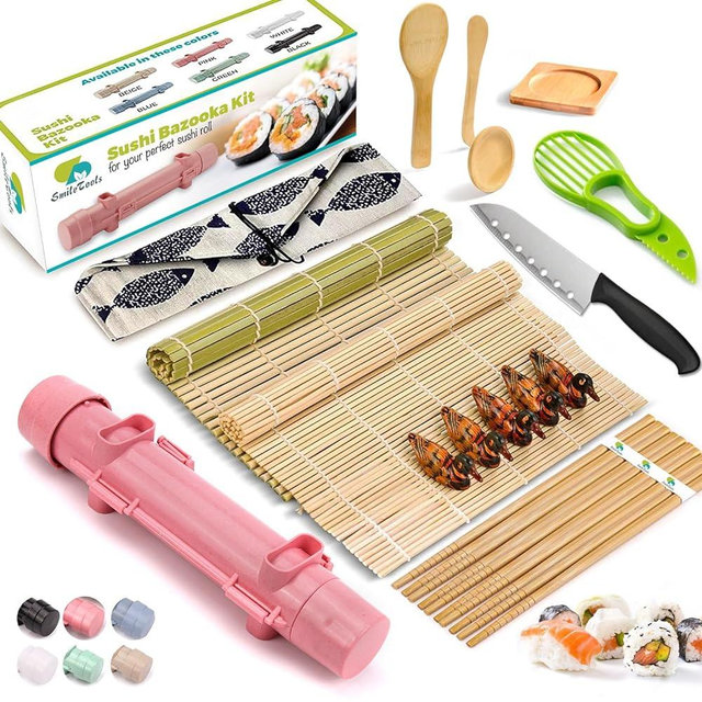 Sushi Making Kit For Beginners - 22 Piece DIY Sushi Roller Kit with Bamboo Sushi Rolling Mat, Sushi Bazooka, Chef's Knife, Chopsticks, Holder - Best Starter Sushi Kit (Pink)