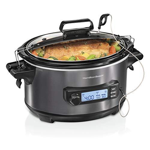 Hamilton Beach Portable 6-Quart Digital Programmable Slow Cooker With Temp Tracking Temperature Probe to Braise, Sous Vide, Make Fondue & Yogurt, Lid Lock, Black Stainless (33866)