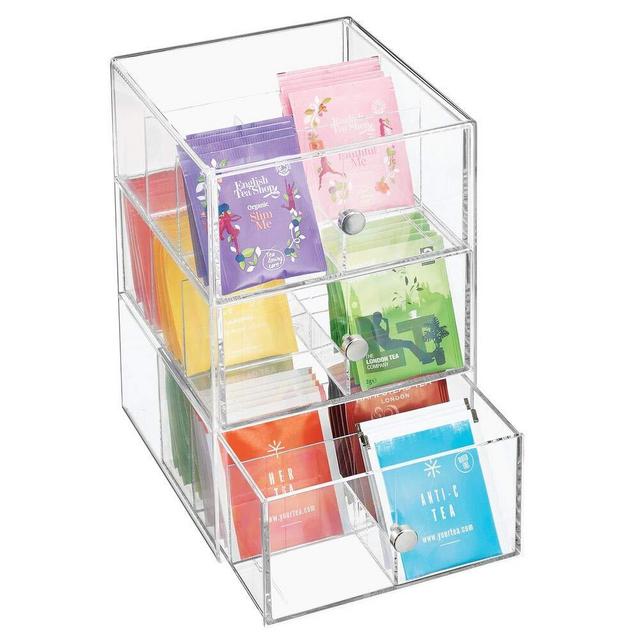 mDesign Plastic Kitchen Pantry, Cabinet, Countertop Organizer Storage Station with 3 Drawers for Coffee, Tea, Sugar Packets, Sweeteners, Creamers, Drink Pods -18 Sections - Clear