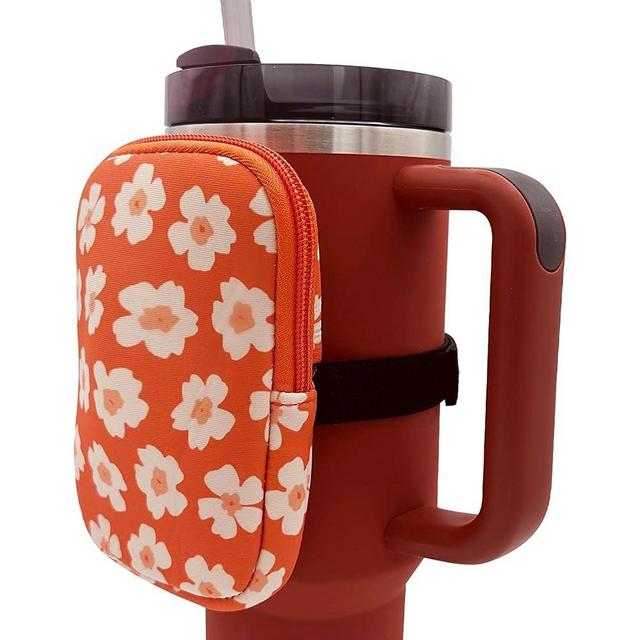 NOLI JUNE - Water Bottle Pouch for Stanley Quencher 18oz to 40oz - Neoprene Pouch - Pouch with Strap for Various Tumbler - Stanley Cup Zipper Pouch - Water Bottle Phone Holder for Gym - Orange Daisy