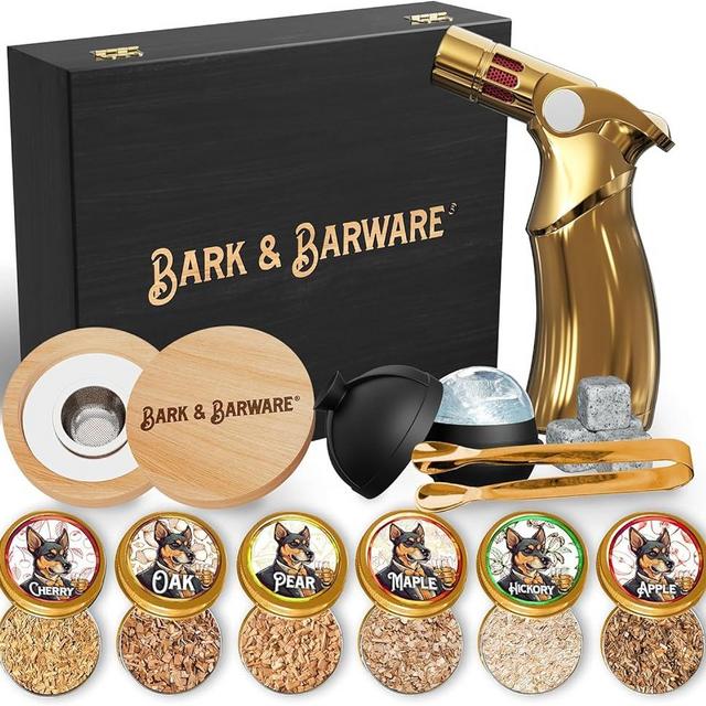 Bark & Barware Premium Cocktail Smoker Kit with Torch - Black Wood Box, Gold Tools, 6 Flavors Wood Chips - Old Fashion Bourbon Smoker Kit - Smoking Cocktails, Drinks & Mixology (no butane)