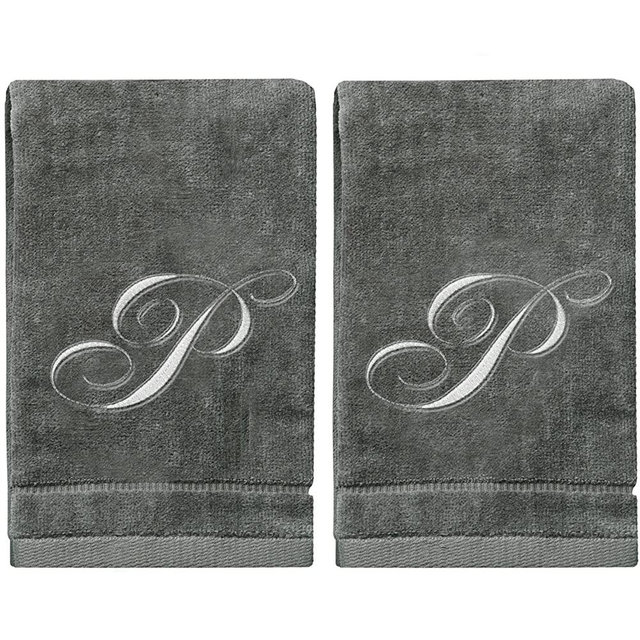 Monogrammed Towels Fingertip, Personalized Gift, 11 x 18 Inches - Set of 2- Silver Embroidered Towel - Extra Absorbent 100% Cotton- Soft Velour Finish - for Bathroom/ Kitchen/ Spa- Initial P (Gray)