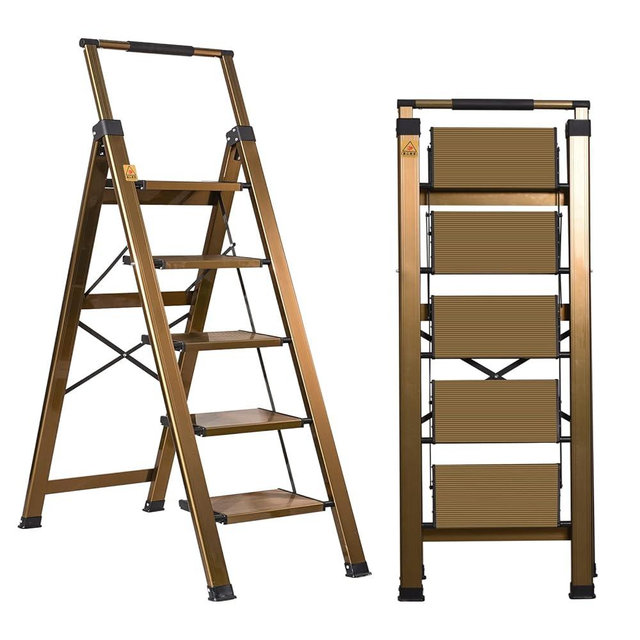 XinSunho 5 Step Ladder, Aluminum 5 Step Stool with Retractable Handrail and Anti-Slip Wide Pedal, Folding Stool Ladders 5 Steps, 330lbs Safety Household Slim Ladder