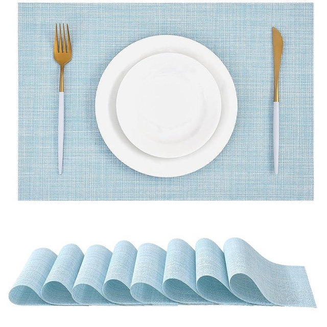 Leetaltree Soft Sky Blue Woven Placemats Set of 8 - Heat Resistant Non-Slip Place mats for Dining Table, Washable Durable PVC Vinyl Woven Table Mats(Sky Blue, 8)