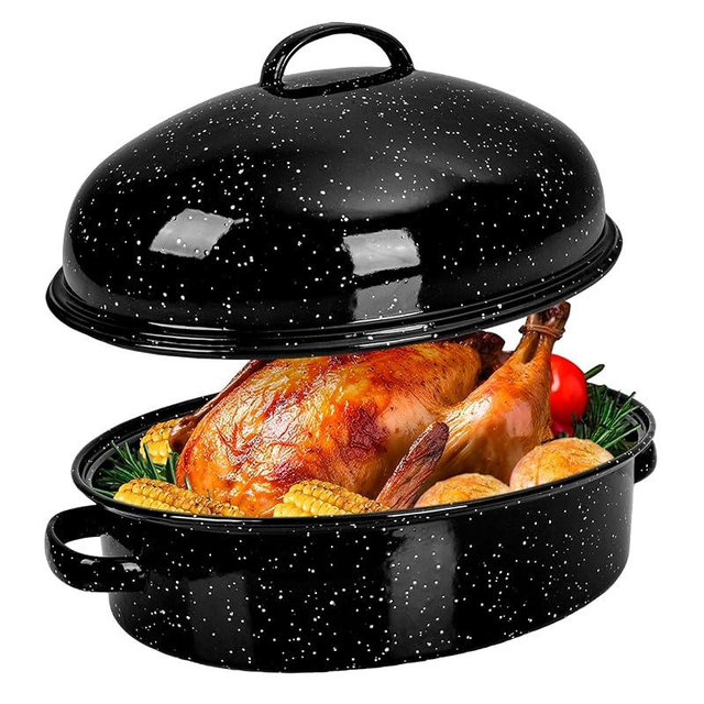 Enamel Granite Roasting Pan with Lid 18 Inch with Rack, Extra Large Deep Oven Baking Pot, NonStick Oval Carbon Steel Potato Roaster Pan for Turkey Chicken Steak NonToxic Perfect for Party Thanksgiving