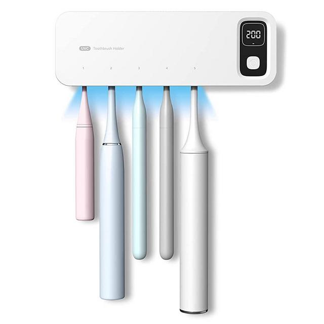 StarWin Toothbrush Sanitizer,5 Slots Fan Drying Function and Drill-Free Toothbrush Sanitizer and Holder, Rechargeable UV Toothbrush Sterilizer Bathroom Toothbrush Holder Wall Mounted for Family Use