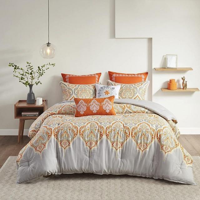 Madison Park Nisha Sateen Cotton Comforter Set, Breathable, Soft Cover, Trendy, All Season Down Alternative Cozy Bedding with Matching Shams, King/ California King, Orange 7 Piece