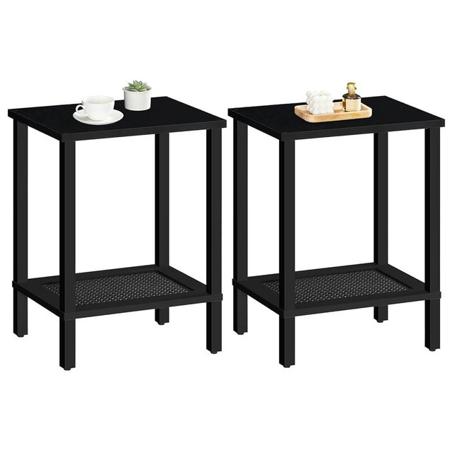 HOOBRO End Tables Set of 2, Small Side Tables with 2-Tier Storage Shelves, Nightstands with Faux Rattan Decoration, for Small Space, Living Room, Bedroom, Black BK91BZP201