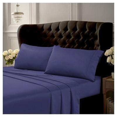 Egyptian Cotton Sateen Deep Pocket Solid Sheet Set (Queen) 4pc Midnight Blue 500 Thread Count - Tribeca Living®